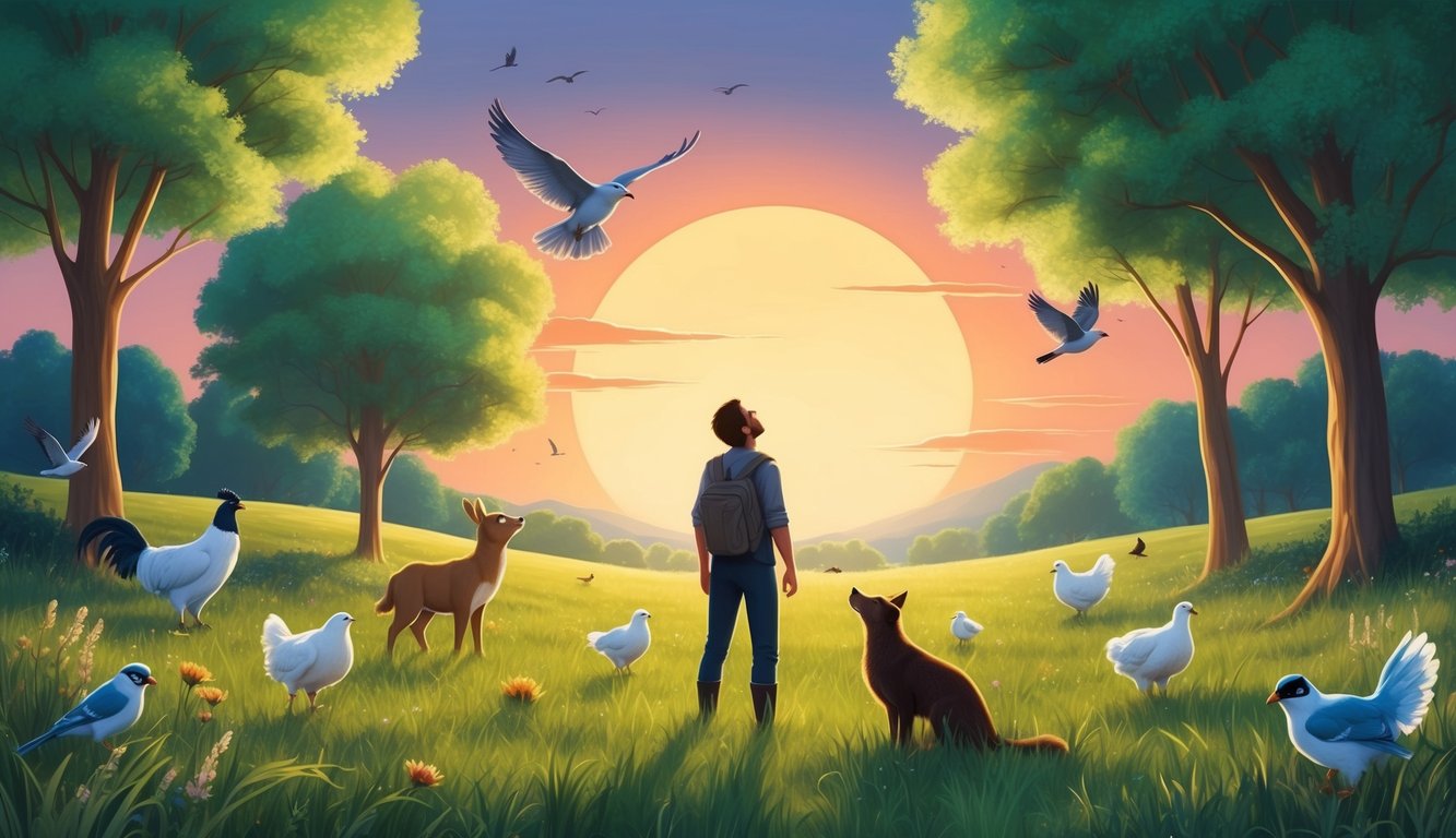 A peaceful meadow with a glowing sunset, a figure looking up at the sky, surrounded by birds and animals