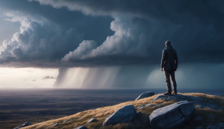 Man standing on a hill, looking at a stormy landscape with heavy rain