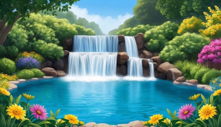 Scenic illustration of a waterfall cascading into a blue pool surrounded by flowers