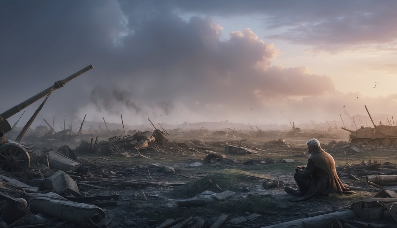 A desolate battlefield with remnants of war and a lone figure seeking solace