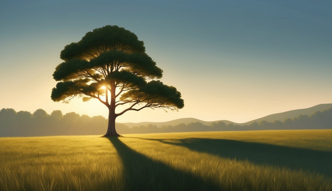 A serene landscape with a solitary tree, bathed in golden sunlight, casting a long shadow