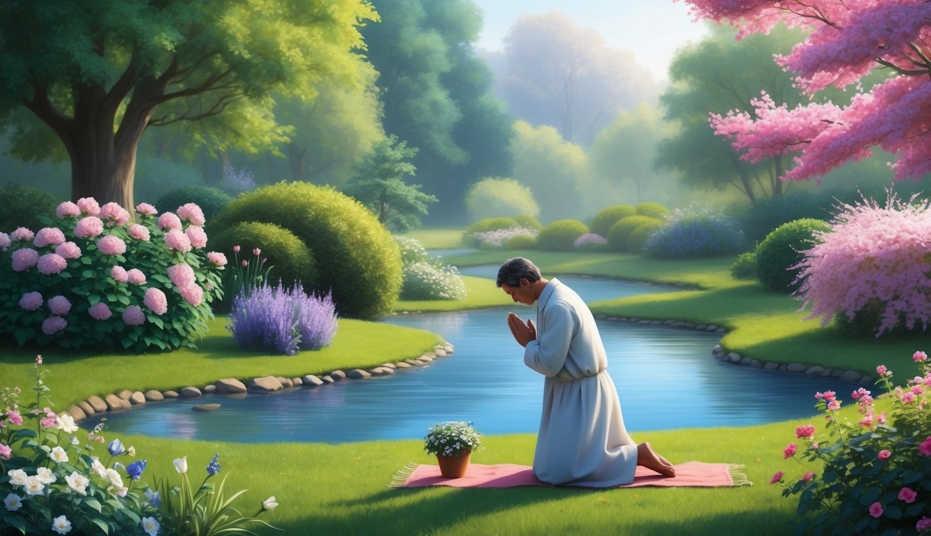 A solitary figure kneeling in prayer in a peaceful garden, surrounded by blooming flowers and a tranquil stream