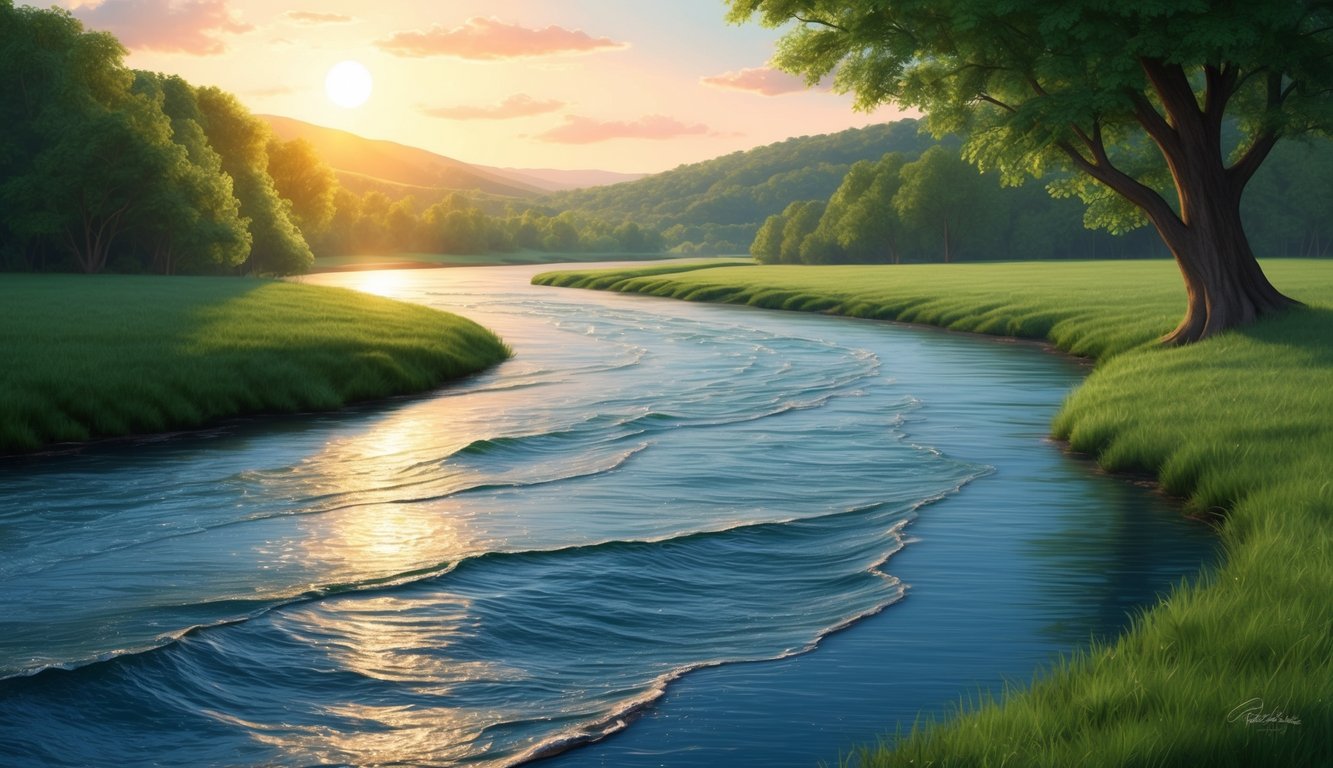 A serene river flowing through a lush green landscape, with the sun casting a warm glow over the water