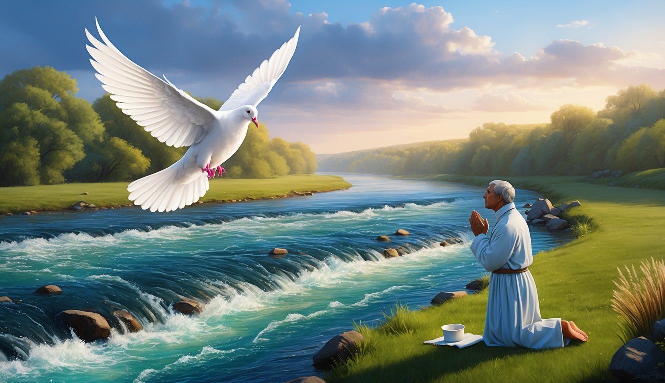 A dove flying above a flowing river, with a figure kneeling in prayer on the riverbank