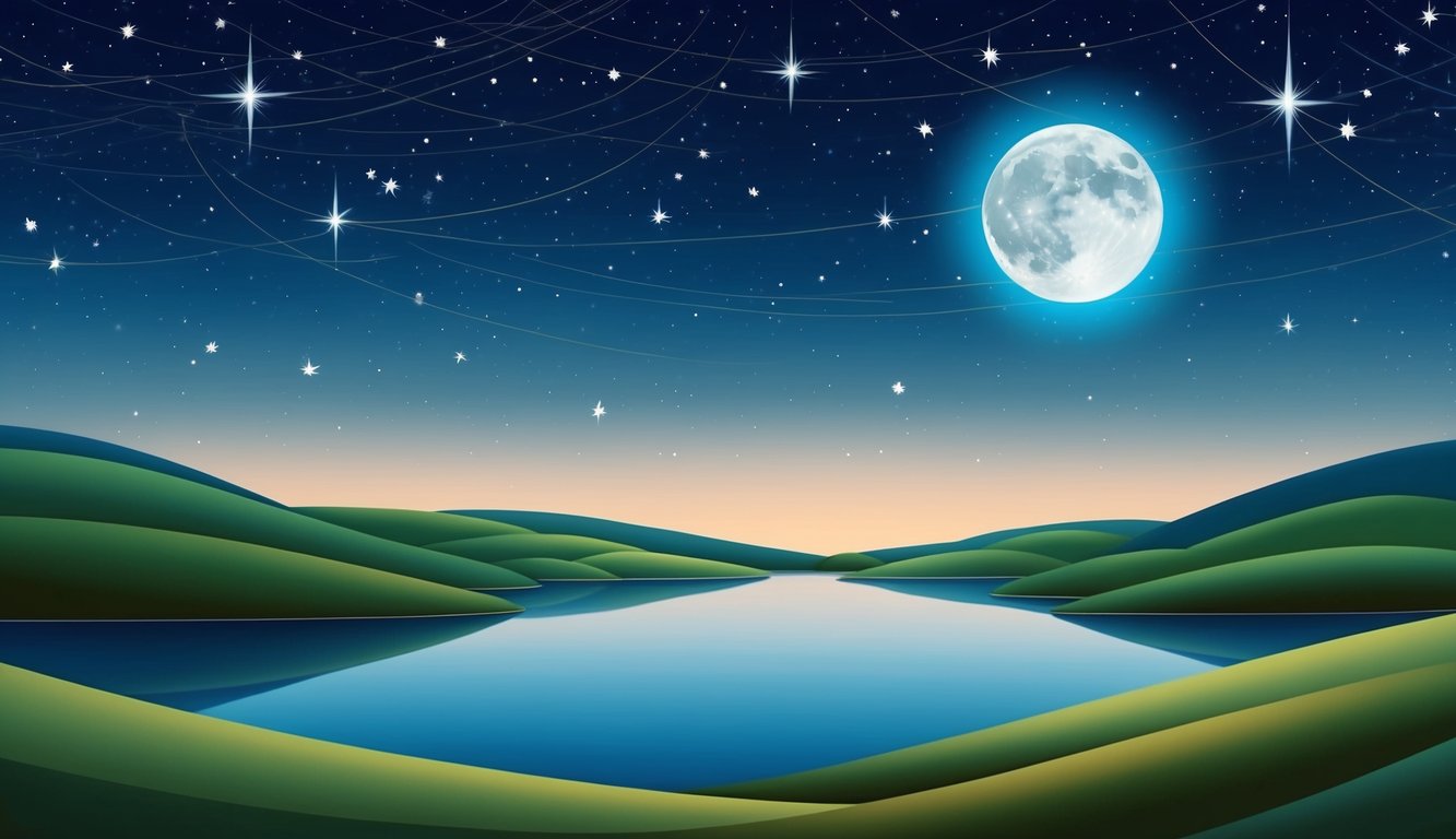 A serene night sky with stars and a glowing moon illuminating a peaceful landscape of rolling hills and a calm body of water