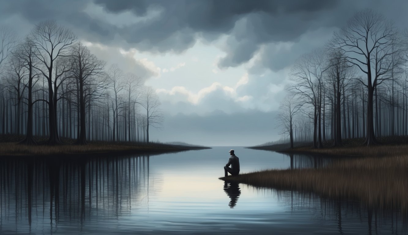 A solitary figure sits by a dark, still body of water, surrounded by bare trees under a cloudy sky