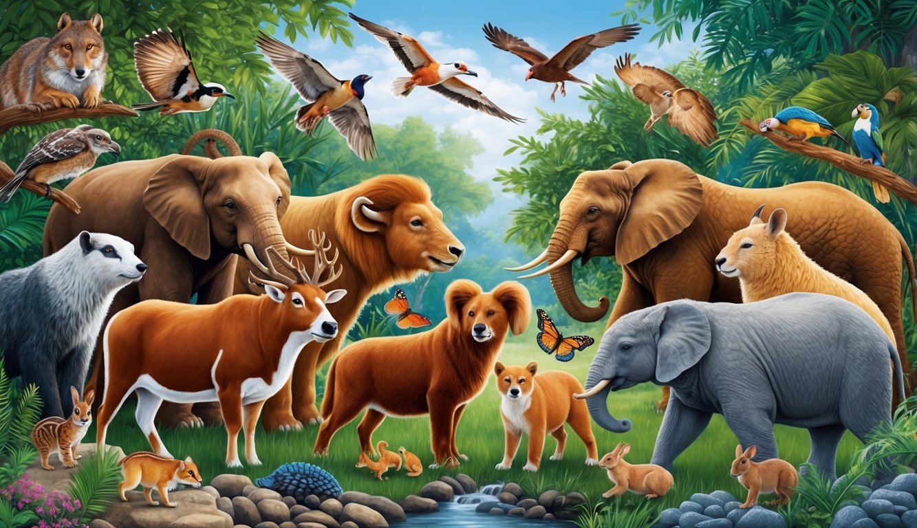 A diverse group of animals peacefully coexisting in a harmonious ecosystem, each exhibiting different behaviors and interactions