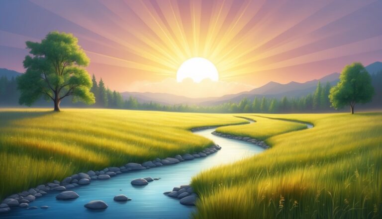 Sunrise over a meadow with a winding river and trees