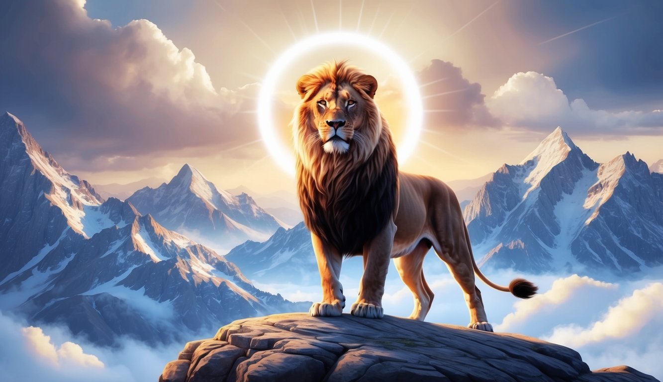 A majestic lion standing on a mountain peak, surrounded by a halo of light, with a sense of peace and power emanating from its presence