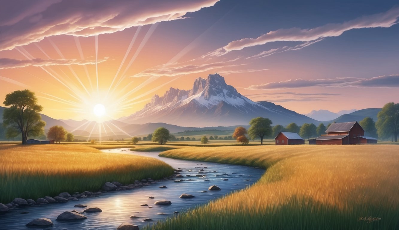 A radiant sunrise over a peaceful countryside, with a majestic mountain in the background and a flowing river in the foreground