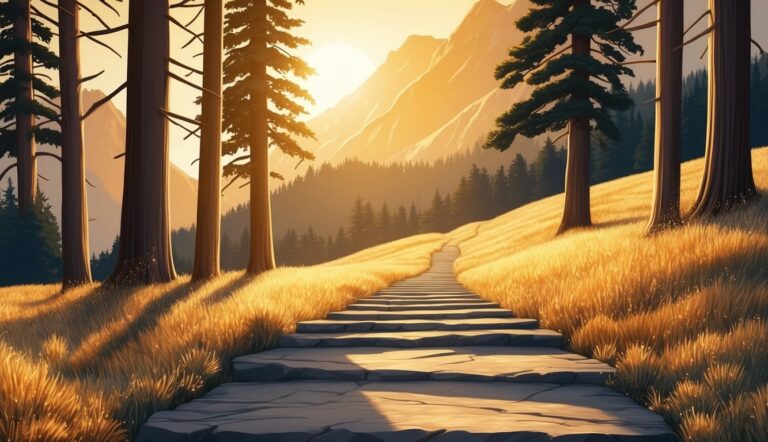Stone steps lead up a hill towards mountains at sunset