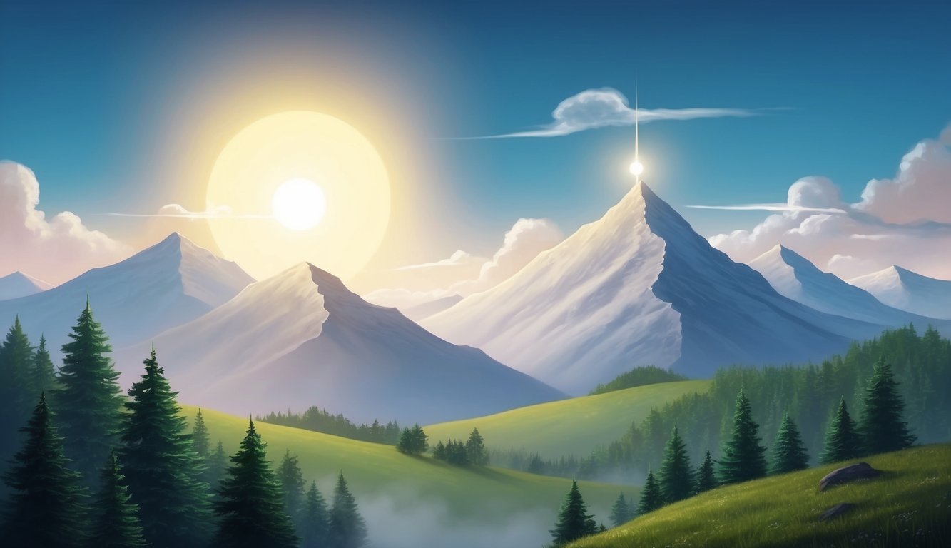 A serene mountain landscape with a shining sun and a protective presence watching over from above