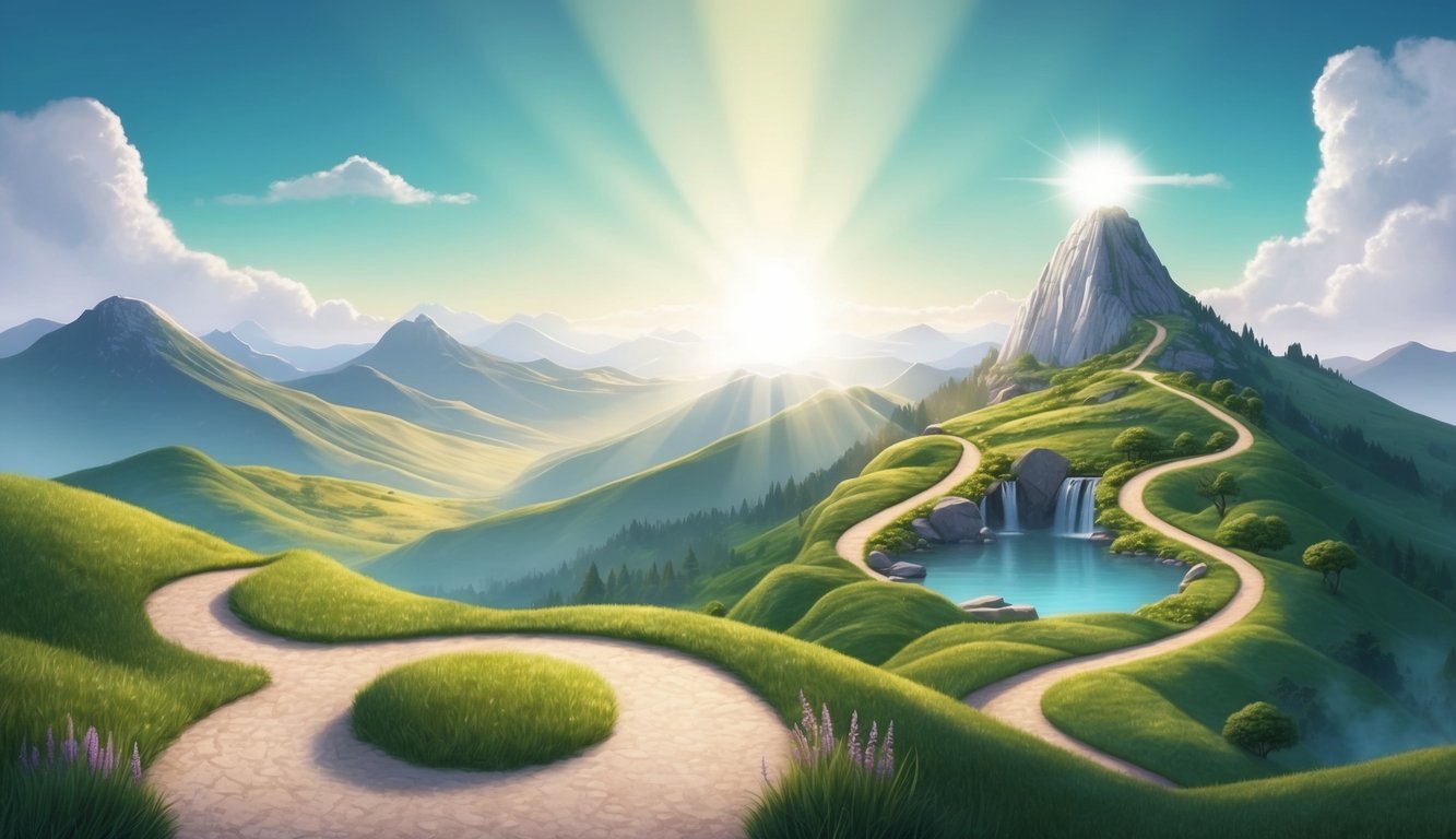 A serene landscape with a winding path leading to a mountaintop, where a ray of light shines down onto a peaceful, sheltered oasis