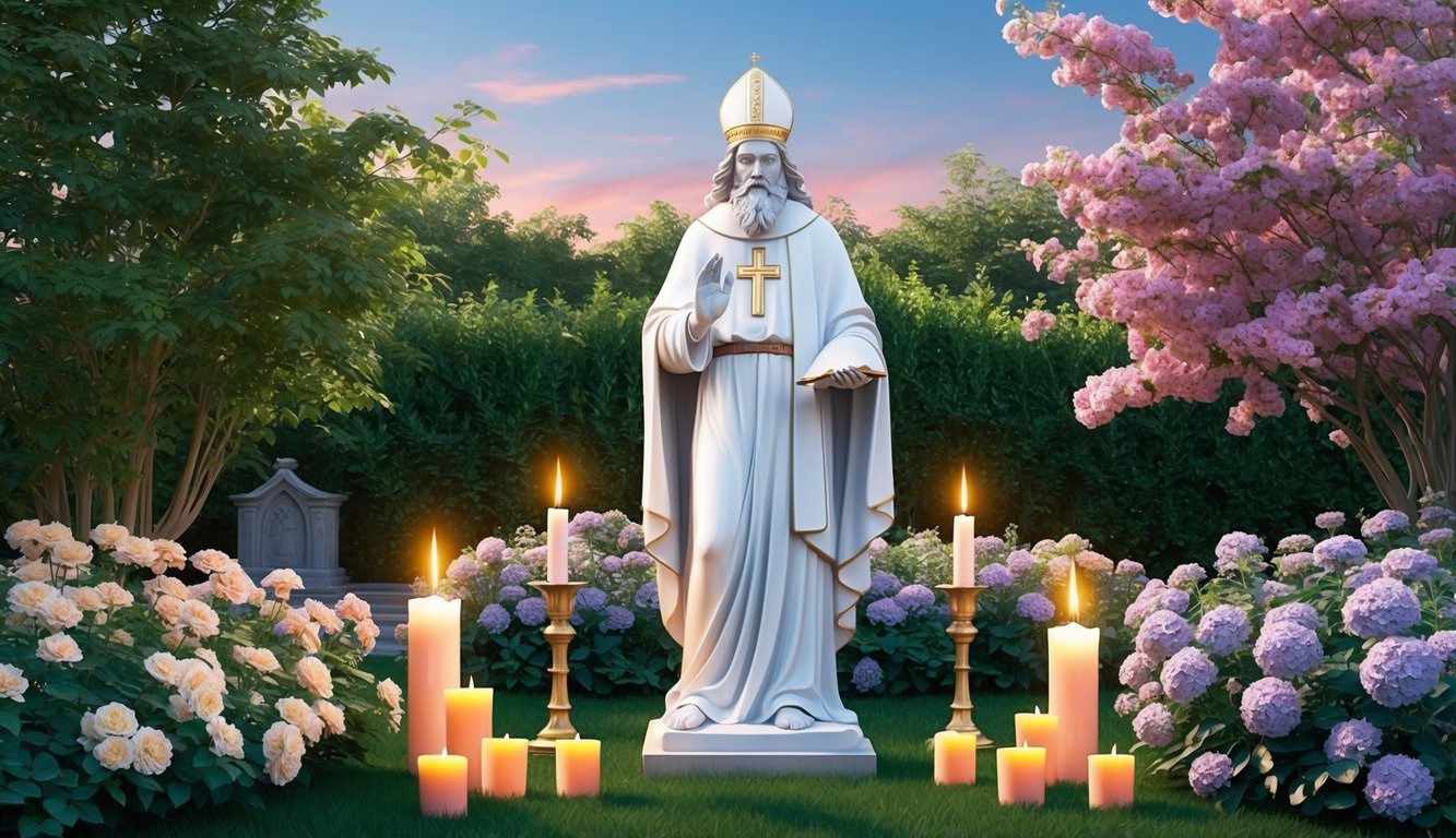 A serene garden with a statue of Saint Jude Thaddeus surrounded by blooming flowers and candles