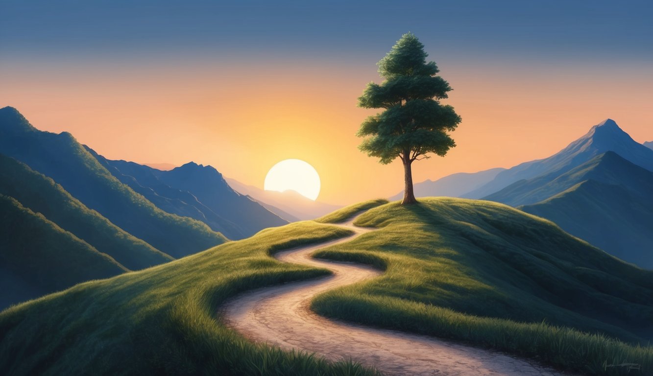 A winding path through a mountainous landscape, with a single tree standing tall against the backdrop of a setting sun