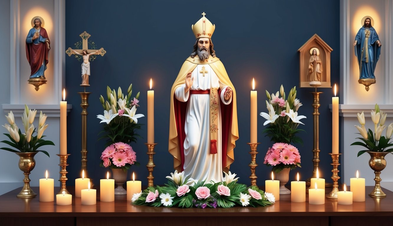 A candlelit altar with a statue of Saint Jude surrounded by flowers and religious symbols