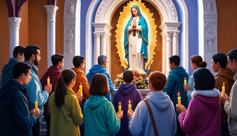 People with candles praying before a statue of the Virgin Mary
