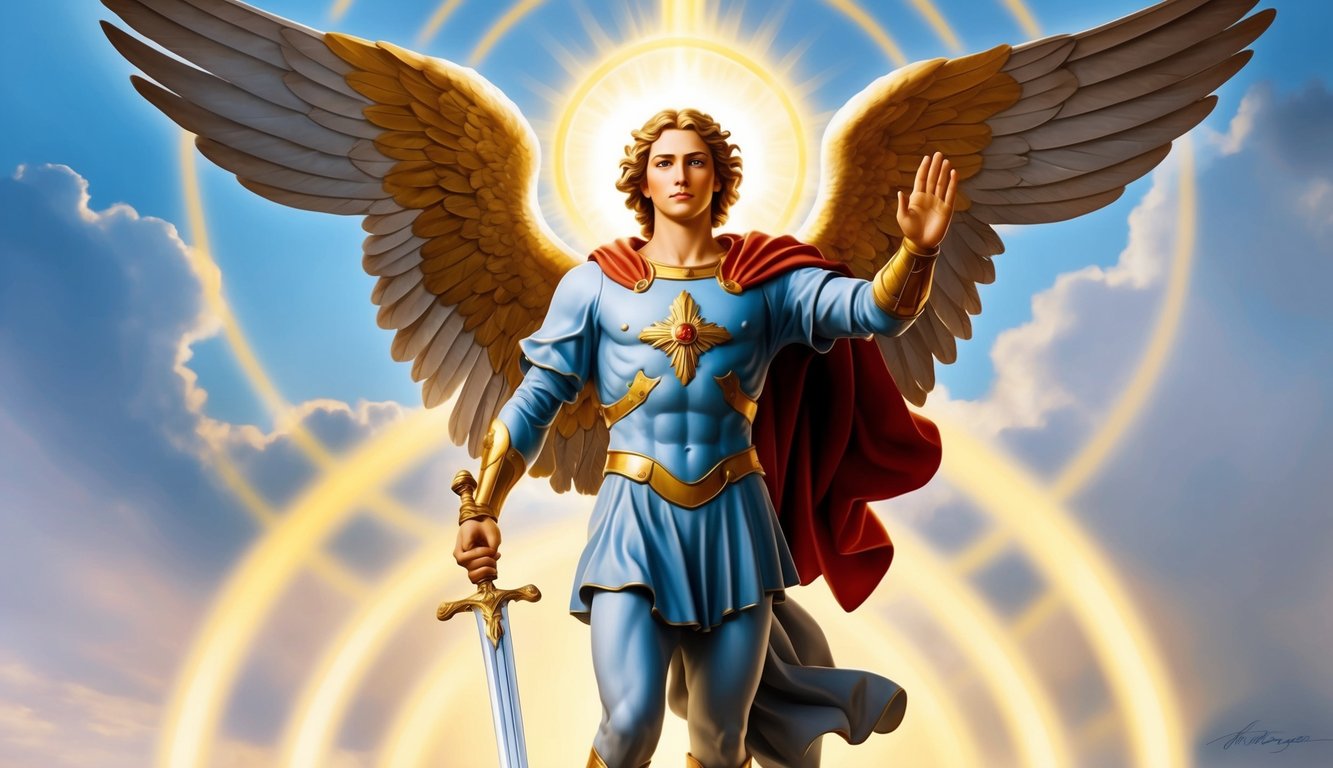 A figure of Saint Michael the Archangel standing tall, with his wings spread wide and a sword in hand, surrounded by a glowing aura