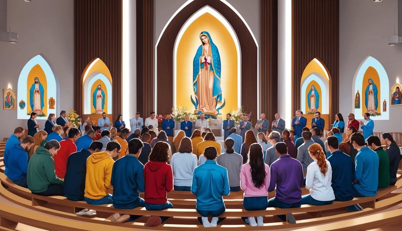 A group of people gather in prayer at a modern church, surrounded by images and symbols of Our Lady of Fatima