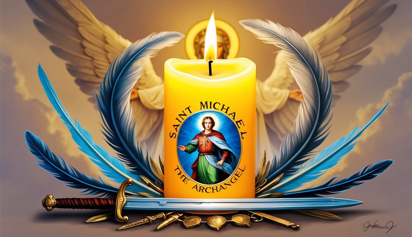 A glowing novena candle surrounded by feathers and a sword, with the image of Saint Michael the Archangel in the background