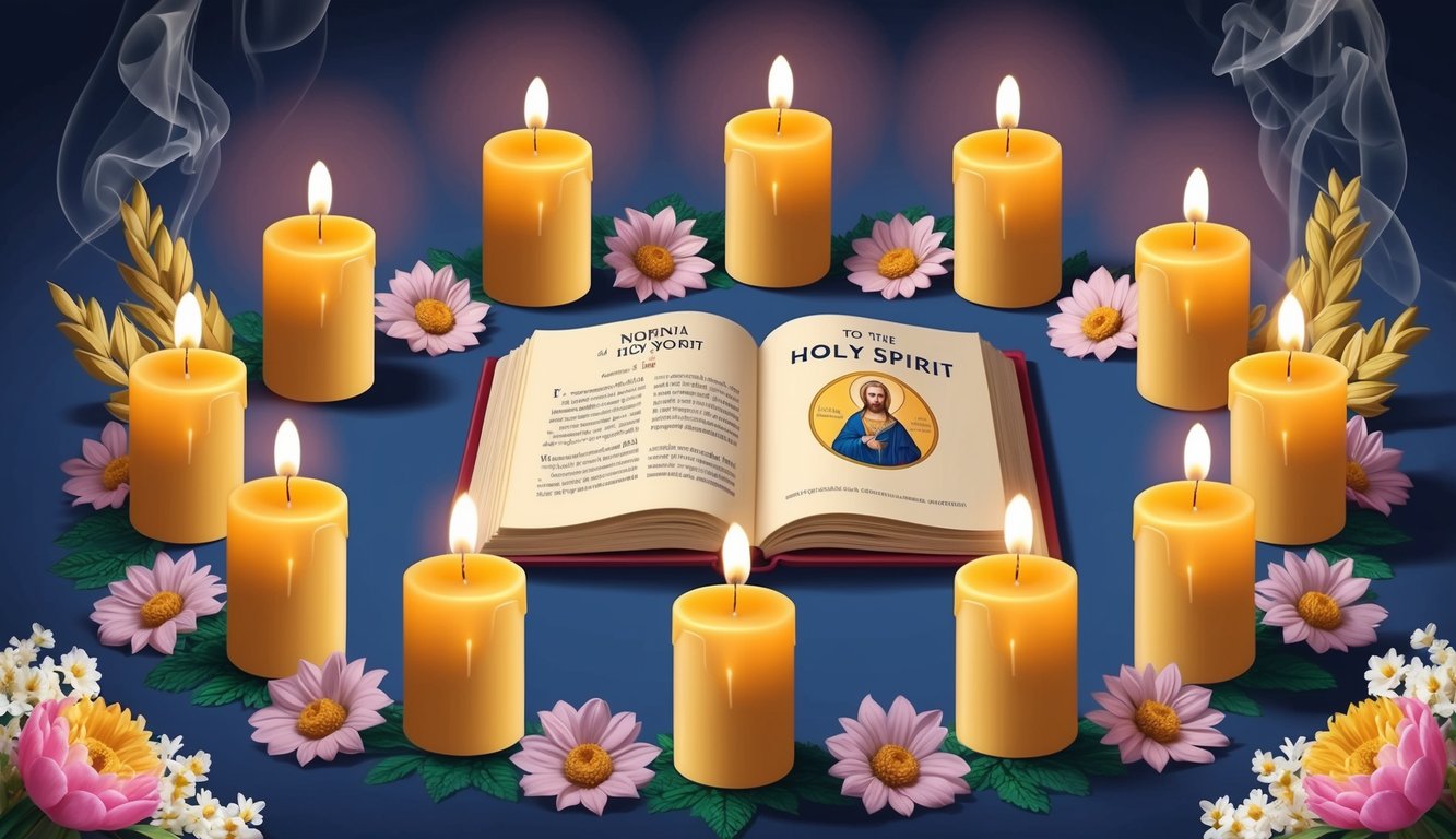 A group of lit candles arranged in a circle with a book open to the Novena to the Holy Spirit, surrounded by flowers and incense