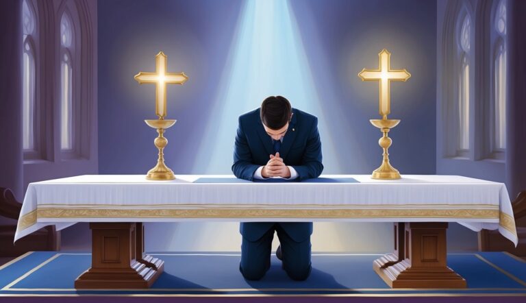 Man kneeling in prayer at an altar with two golden crosses
