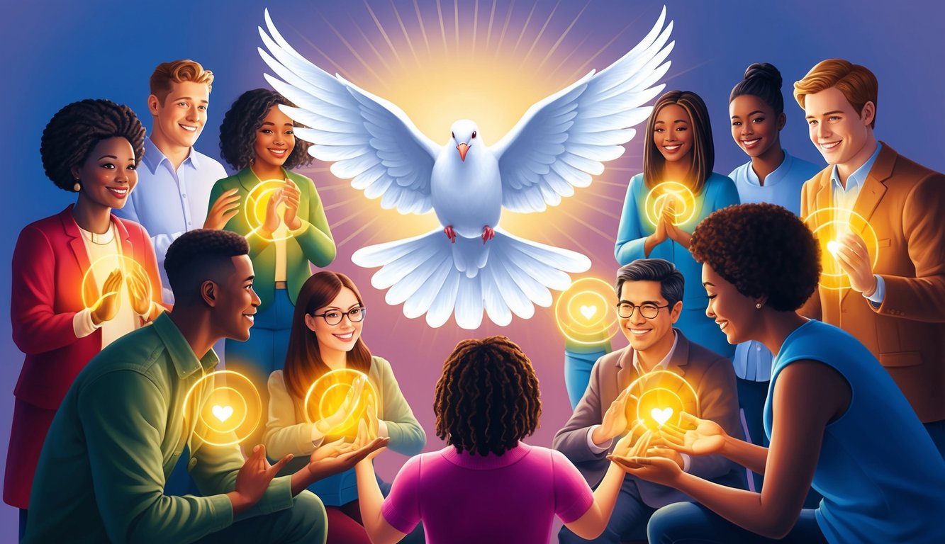 A radiant dove hovers above a group of diverse individuals, each with a glowing aura, as they engage in acts of kindness and compassion