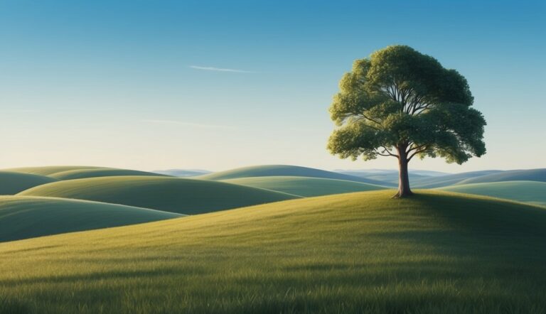 A lone tree on a grassy hill with rolling green hills in the background