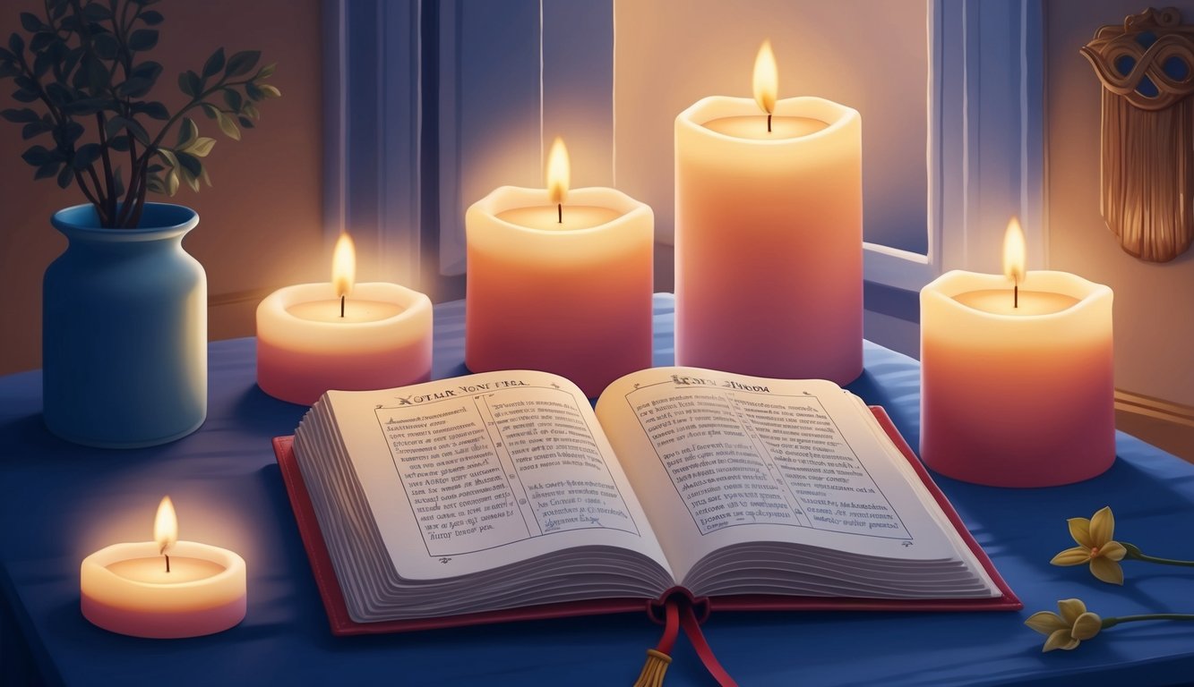 A serene candlelit room with a prayer book open to a novena to the Holy Spirit, surrounded by soft, glowing light