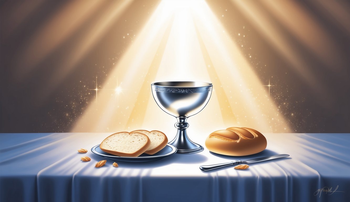 A beam of light shining on a chalice and bread surrounded by a peaceful, sacred atmosphere