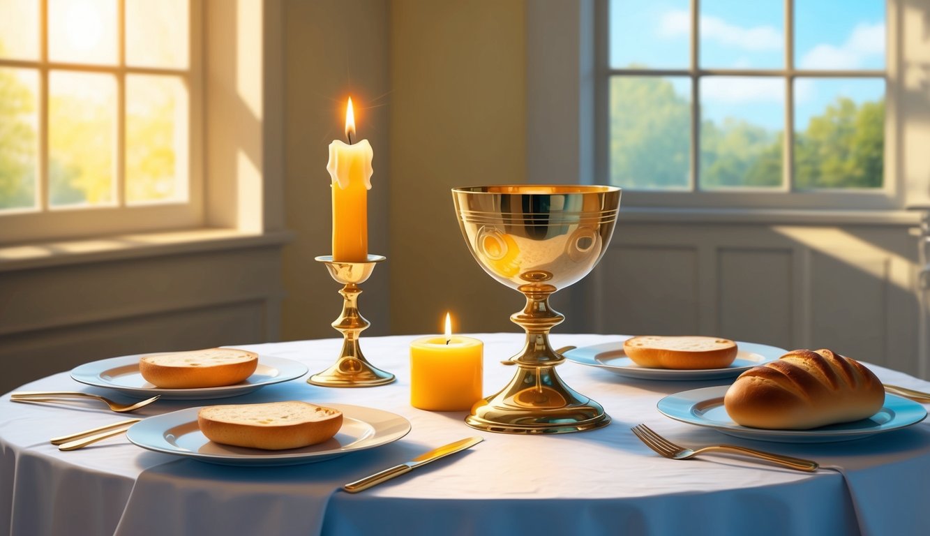 A table set with a chalice, bread, and lit candle, surrounded by a peaceful, sunlit room