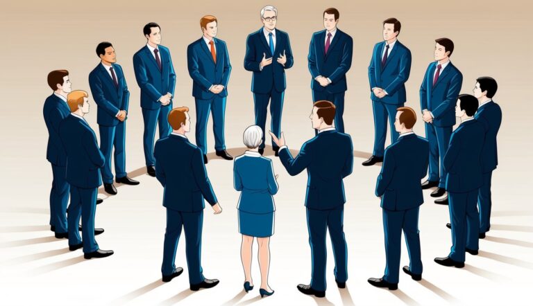 Business team in suits standing in a circle, listening to a presentation