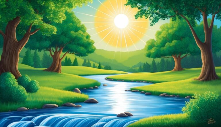 Cartoon landscape with river, trees, bright sun, and green hills