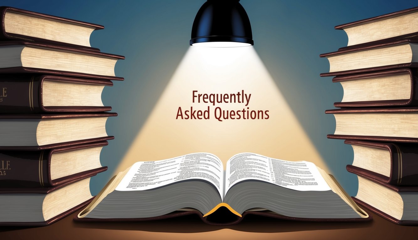 A stack of open Bibles with a spotlight shining on the "Frequently Asked Questions" section