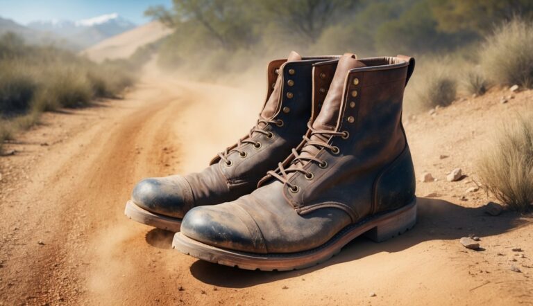 Pair of worn leather boots on a dusty dirt road