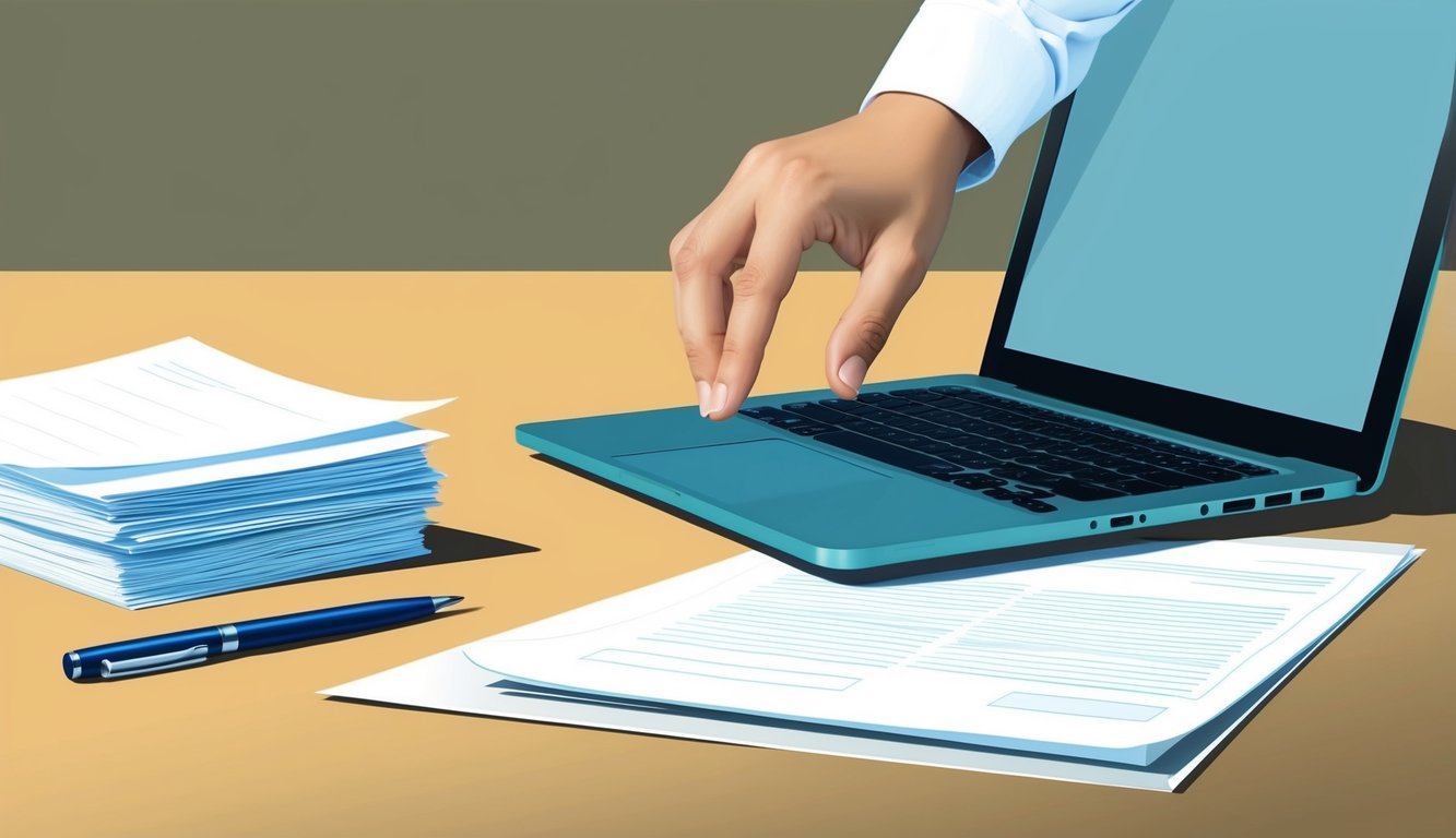 A laptop open on a desk, with a stack of papers and a pen next to it.</p><p>A person's hand reaching for the keyboard