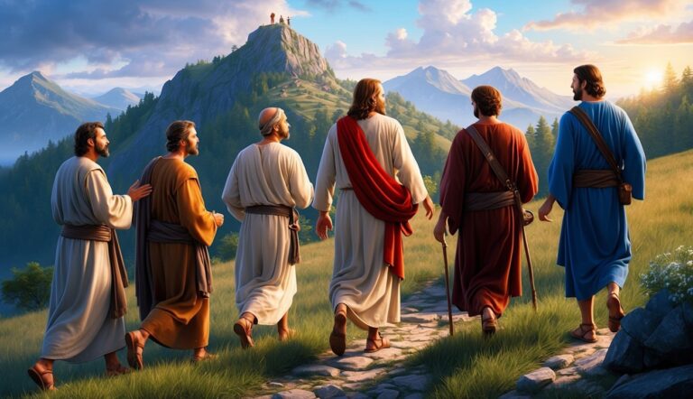 Jesus and disciples walking on a path towards a mountain top