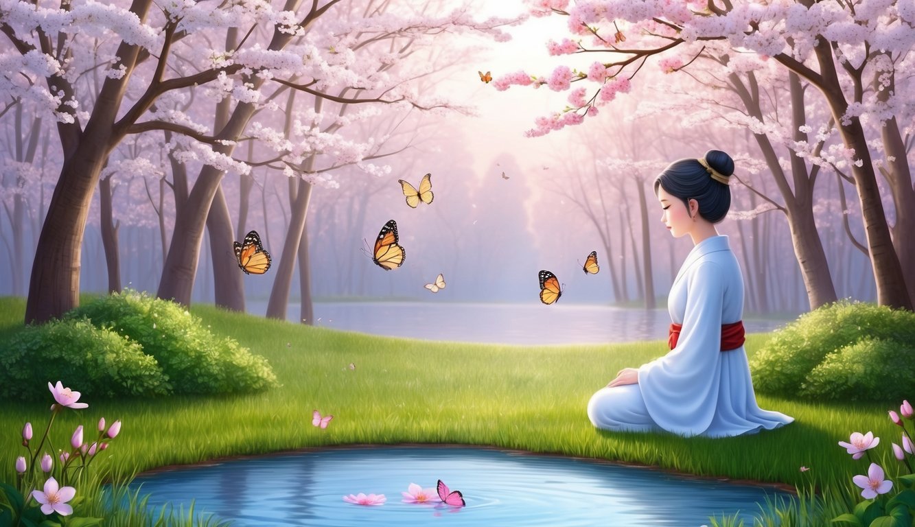 A serene figure gazes at a tranquil pond, surrounded by blossoming cherry trees and gentle butterflies