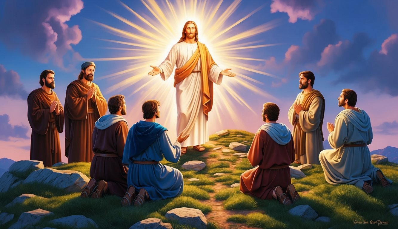 A mountaintop with Jesus glowing in radiant light, surrounded by disciples and speaking to them