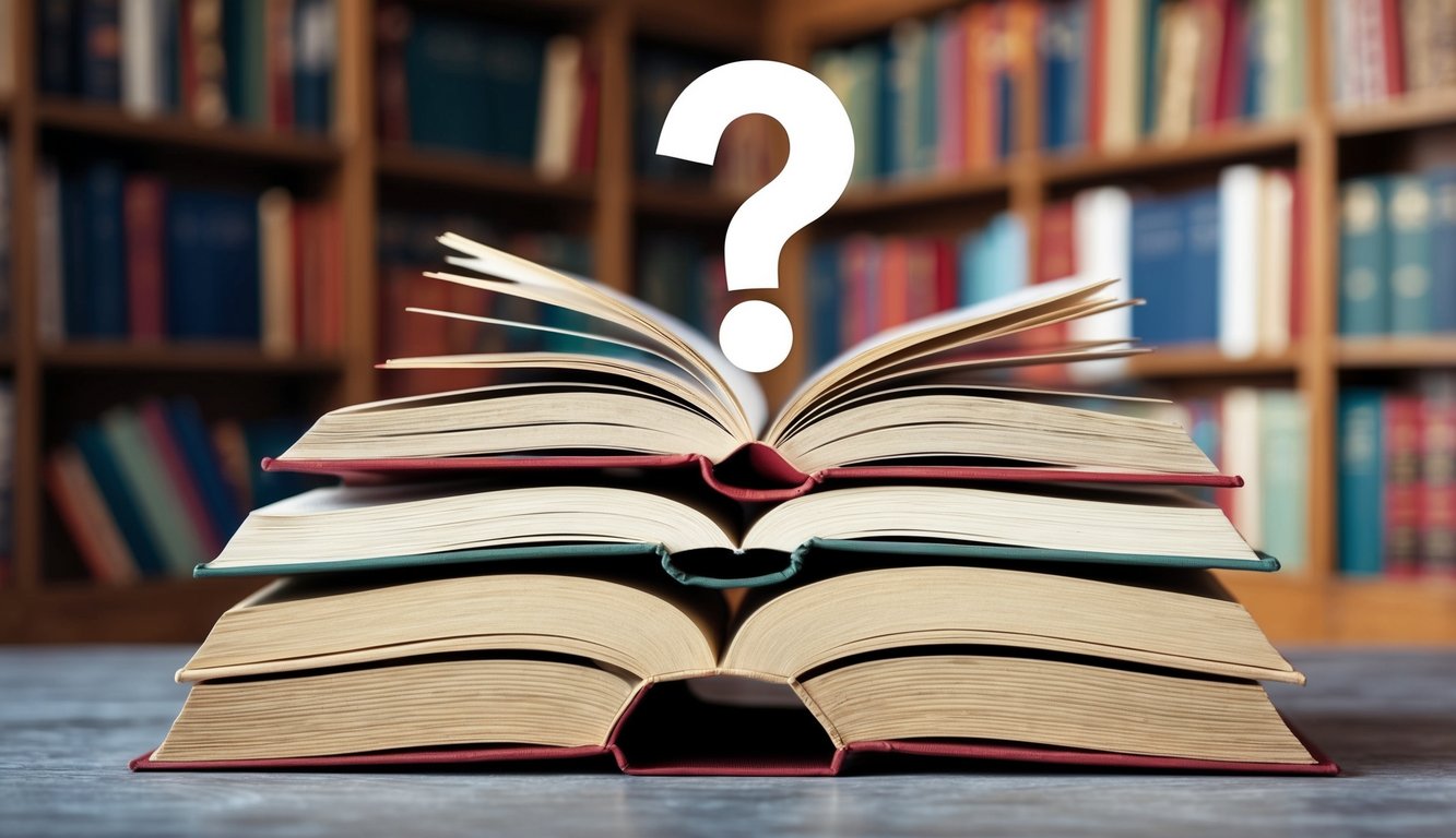 A stack of open books with a question mark hovering above them