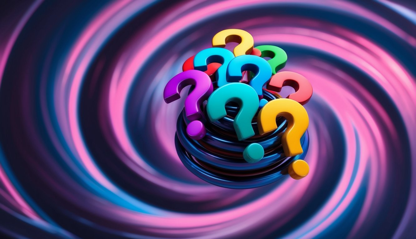 A stack of colorful question marks floating in a swirling vortex