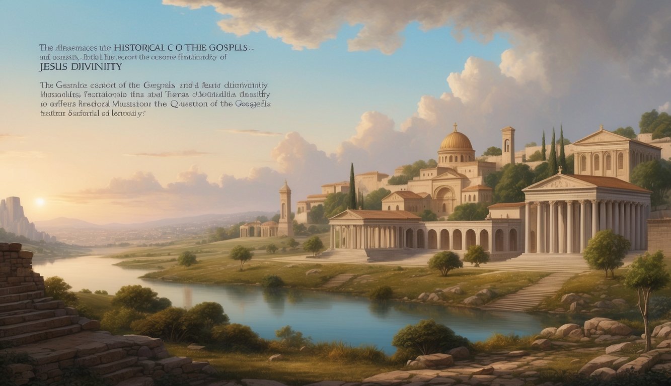 A serene landscape with ancient architecture and religious symbols, depicting the historical context of the Gospels and the question of Jesus' divinity