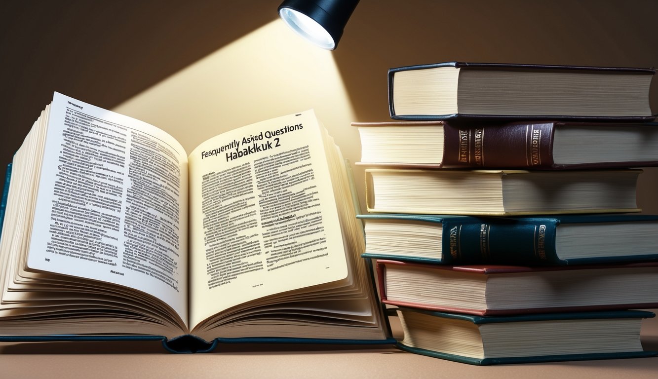 A stack of open books with a spotlight shining on the page titled "Frequently Asked Questions habakkuk 2"