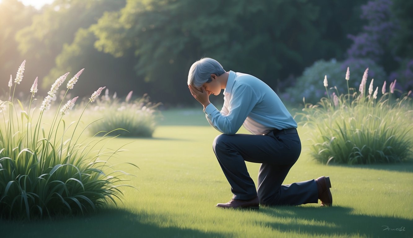 A solitary figure kneels in a quiet, sunlit garden, head bowed in contemplation, surrounded by blooming flowers and gentle, swaying grasses