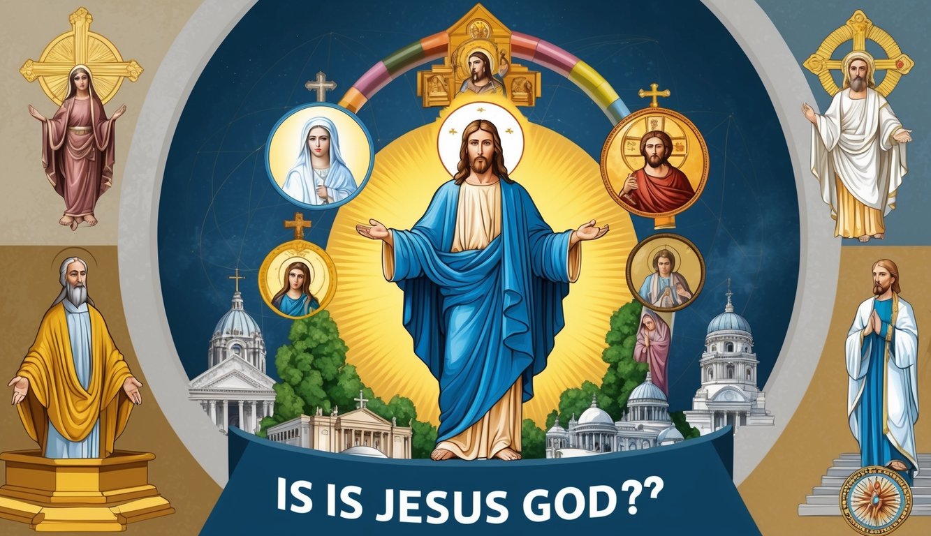 A figure surrounded by symbols of Christianity and other religions, representing the historical and cultural influence of the question "Is Jesus God?"