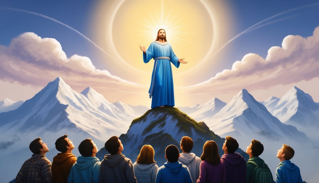 A radiant figure stands on a mountain peak, surrounded by a halo of light, with people below looking up in awe and wonder