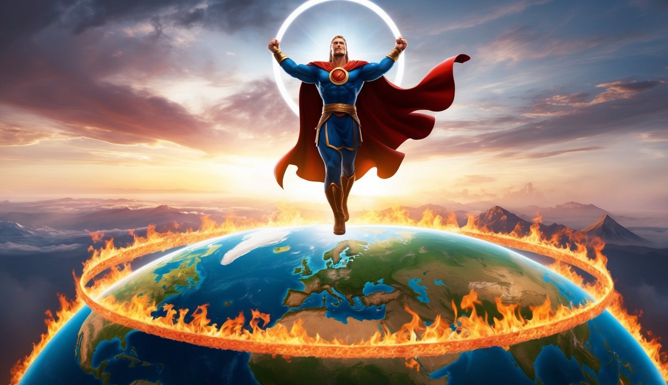 A powerful figure stands above the world, surrounded by a ring of flames, challenging the nations with a commanding presence