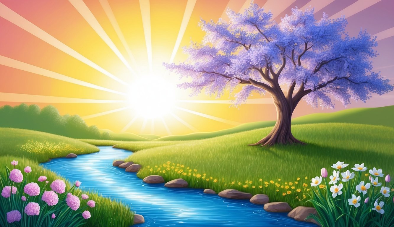 A radiant sunrise over a tranquil landscape with blooming flowers and a flowing stream, symbolizing a new era of blessing