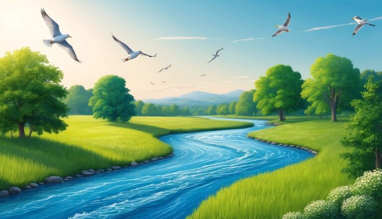 A winding blue river flows through a green landscape with flying seagulls