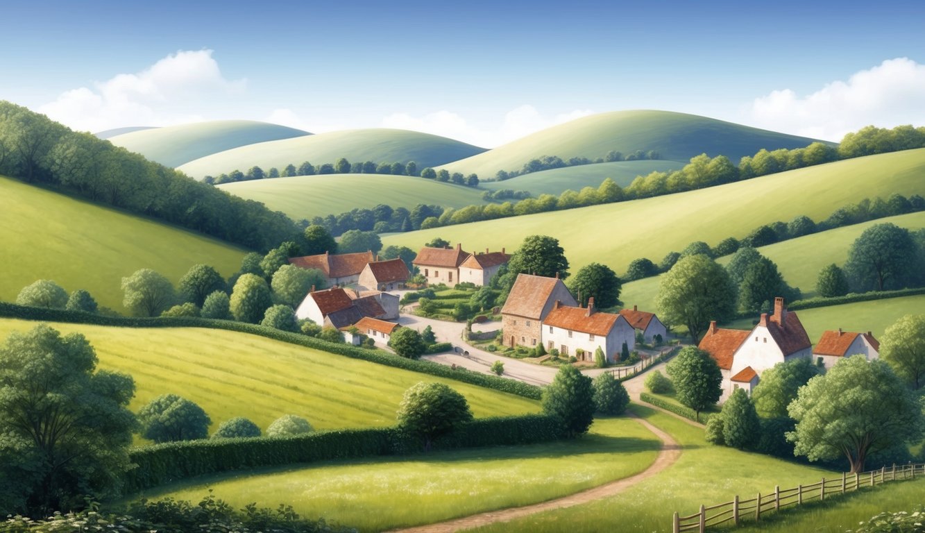 A serene countryside with a small village, surrounded by rolling hills and lush greenery, with a clear blue sky above